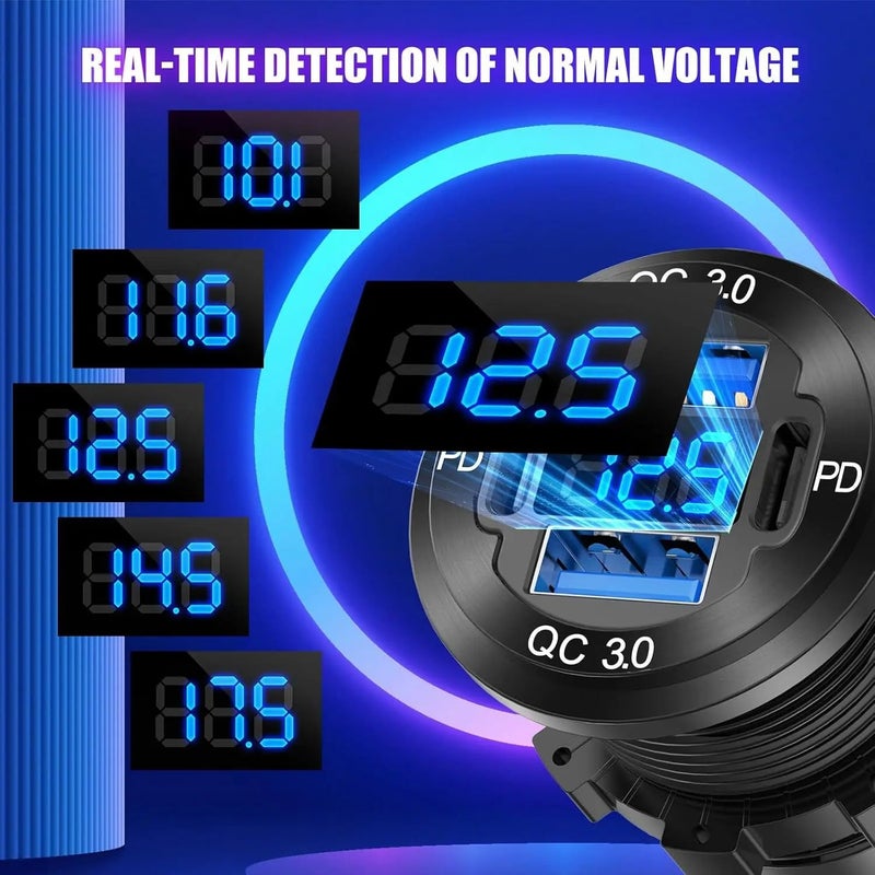 Y&D 78W Waterproof 12V Car Charger, 4 Port USB Outlet: Dual PD USB-C & Dual Quick Charge 3.0, Aluminum Automobile Charger with Voltmeter for Boat/Car - Image 5